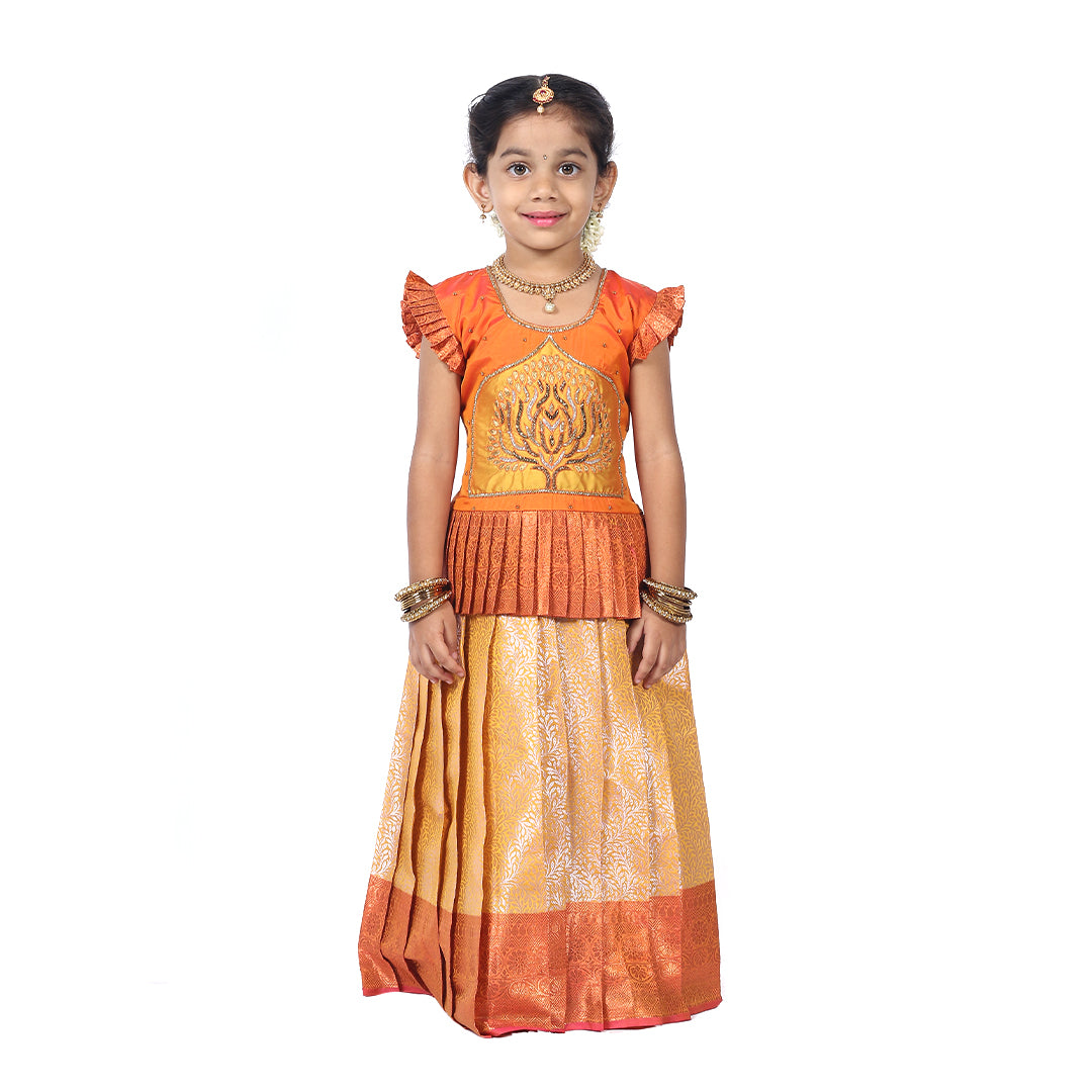 Kids New Traditional Yellow Pattupavadai Set with Aari Stone Work and traditional skirt