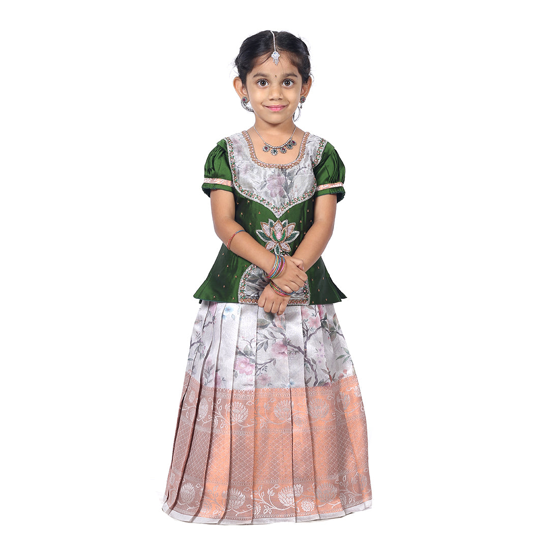 Green color 3D embroidered Pattupavadai set paired with a grey color floral skirt