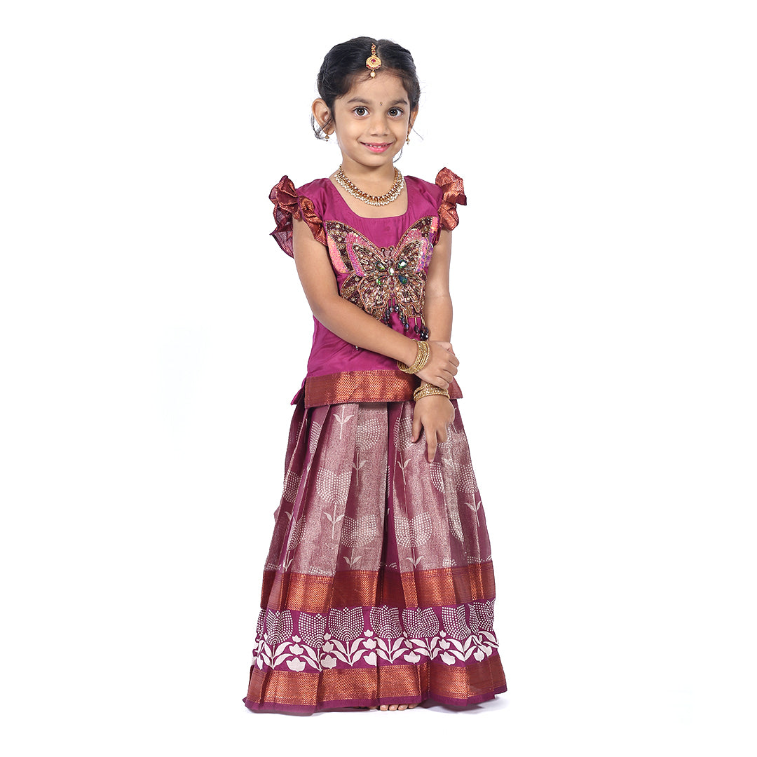 Deep Purple Pattupavadai set with a butterfly embroidery with intricate designs paired with matching pleated skirt