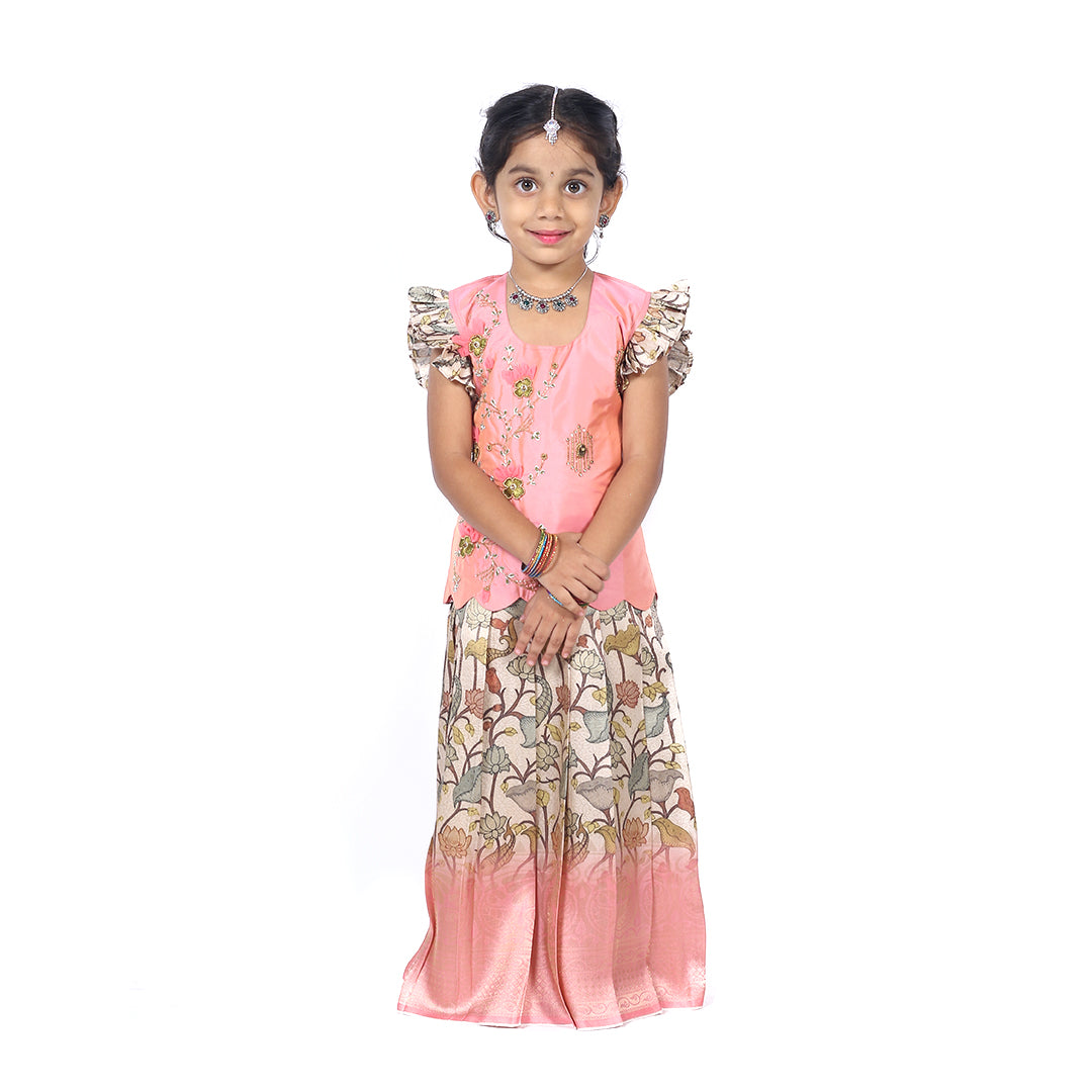 Bubblegum pink embroidered Pattupavadai top with a 3D floral skirt