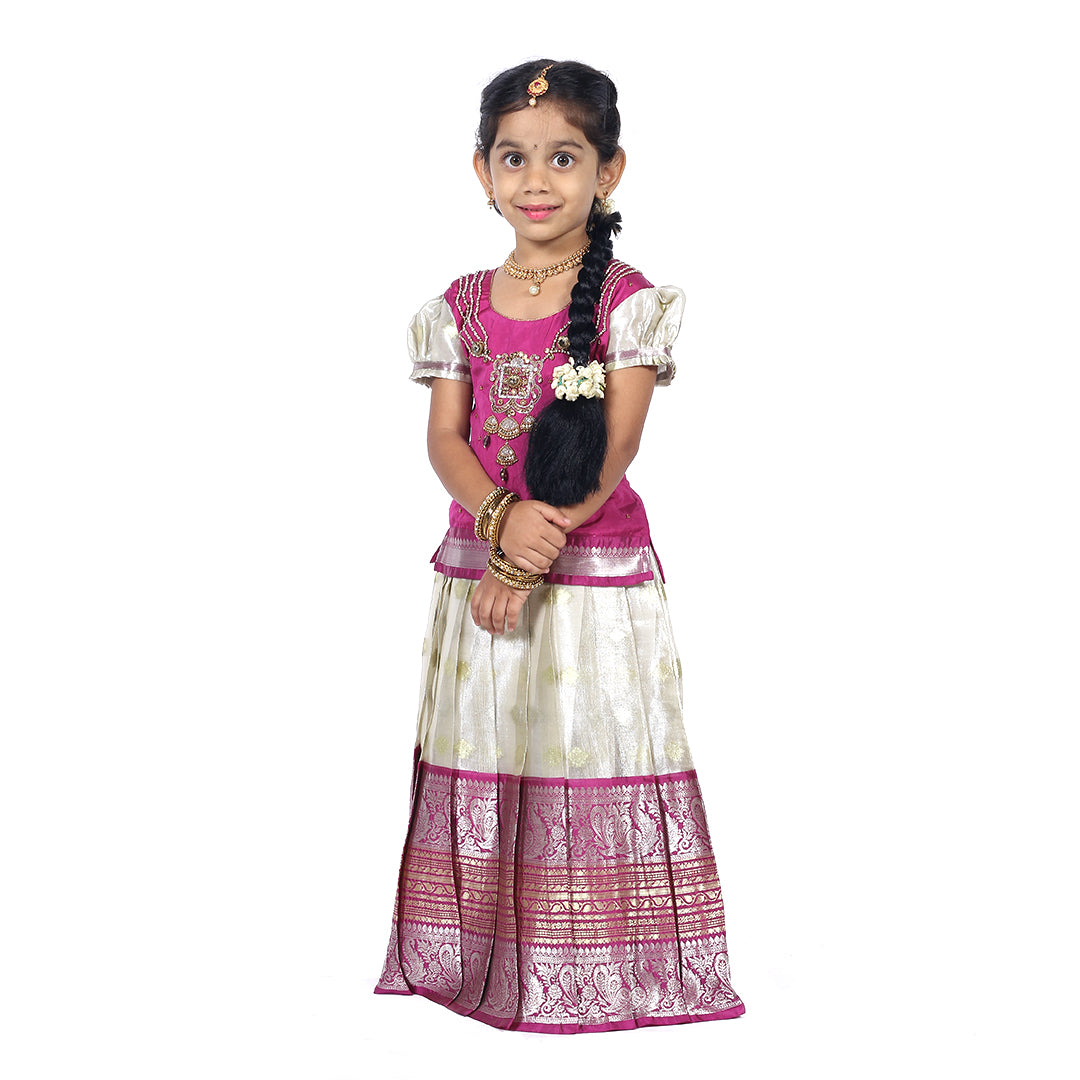 Traditional Royal Purple Pattuvadai set paired with a beautiful pleated skirt