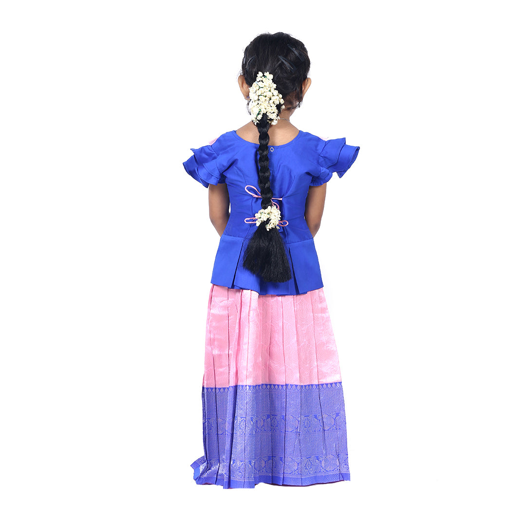 Royal blue Pattupavadai set with embroidery paired with contrasting pink pleated skirt