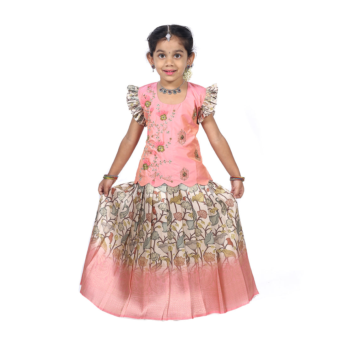 Bubblegum pink embroidered Pattupavadai top with a 3D floral skirt