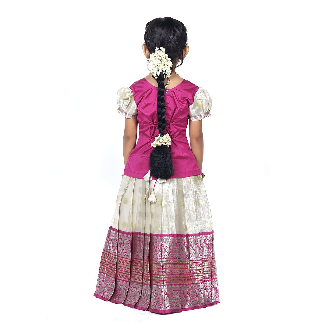 Traditional Royal Purple Pattuvadai set paired with a beautiful pleated skirt