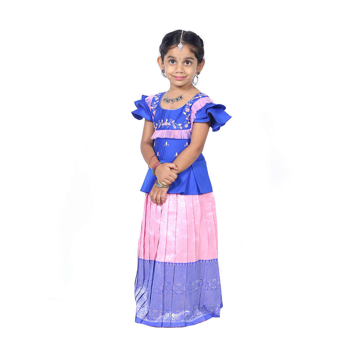 Royal blue Pattupavadai set with embroidery paired with contrasting pink pleated skirt