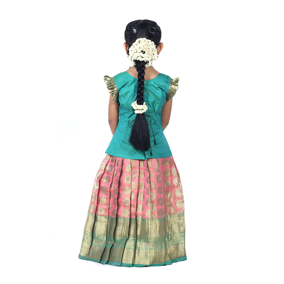 Green Pattupavadai set with pastel pink pleated skirt with Cutshanas and embroidery