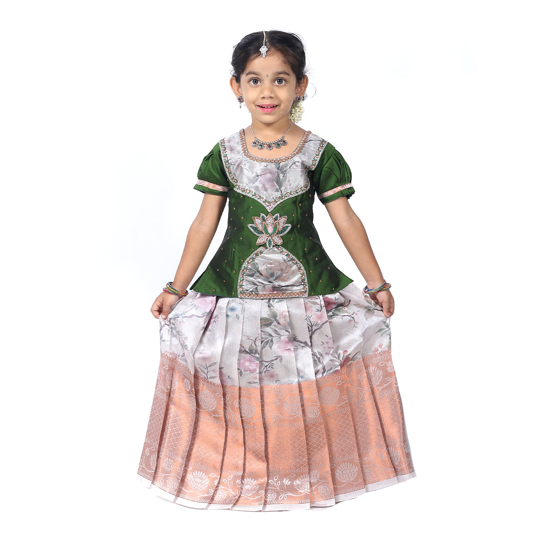 Green color 3D embroidered Pattupavadai set paired with a grey color floral skirt