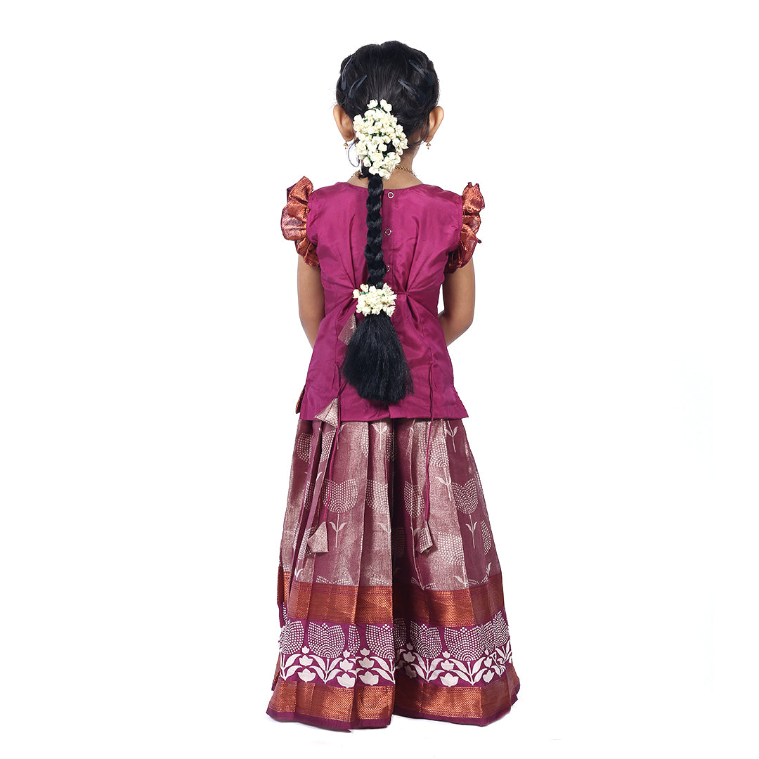 Deep Purple Pattupavadai set with a butterfly embroidery with intricate designs paired with matching pleated skirt