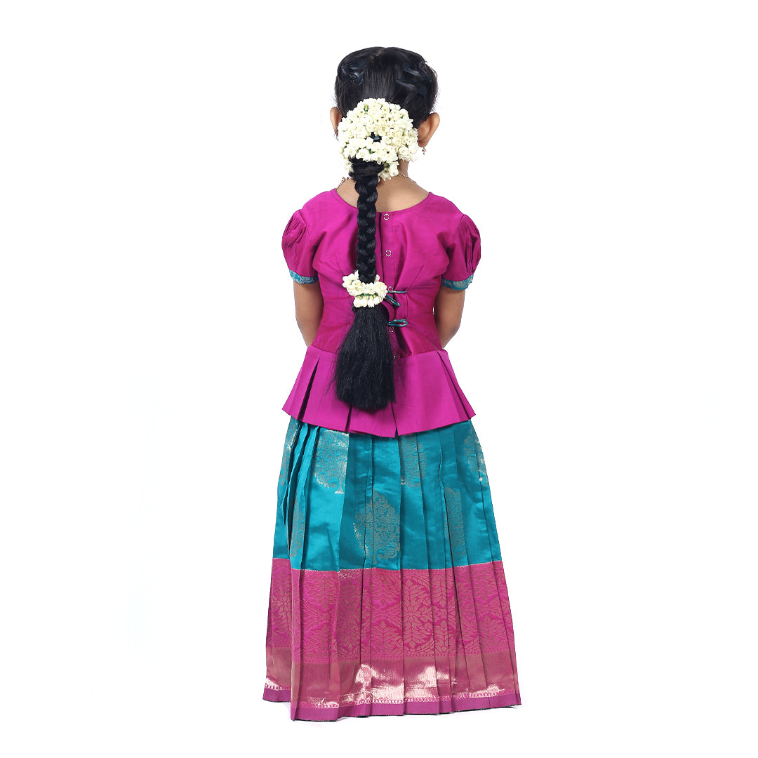 South Indian Traditional Magenta Pink Pattupavadai set with dark turquoise blue skirt