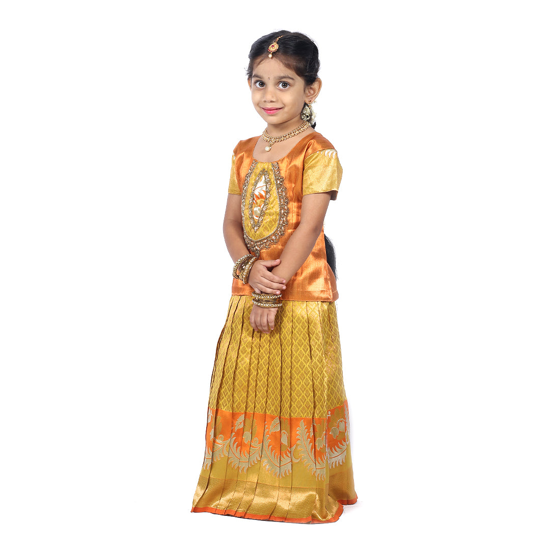 Copper tissue top Pattupavadai set embroidered with beads paired along with orange skirt - Combo